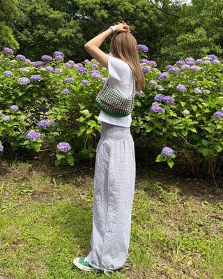 Shirred wide-waist gingham check pants