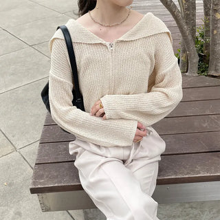 Sailor collar knit zip-up