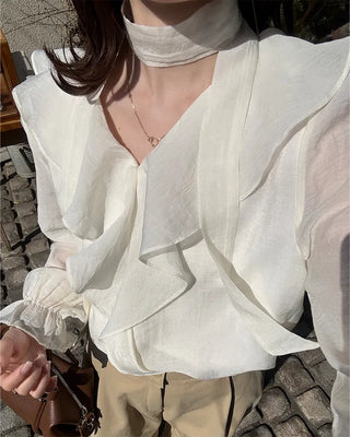 Strap V-neck shirred blouse
