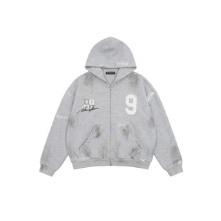 [MASONPRINCE] Boxy Fit Distressed Patch Zip-Up Hoodie