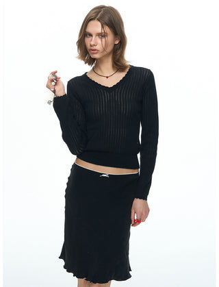[NECY] Wavy Black Ribbed Slim Knit