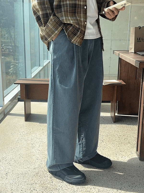 Rib Pigment One-Pleat Cotton Wide