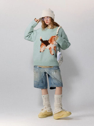 [Monterest] Relaxed Fit Dog Pattern Knit Sweater