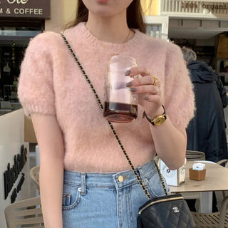Wool puff short-sleeved cropped knit