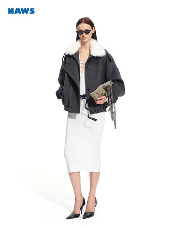 [NOTAWEAR] Faux Fur Collar Wool Blend Bomber  Jacket