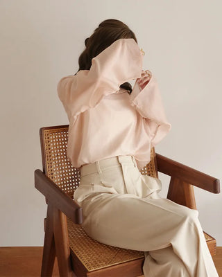 (ORIGINAL) Round Collar Button Sheer Blouse