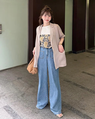 Front pocket elastic waist summer denim pants