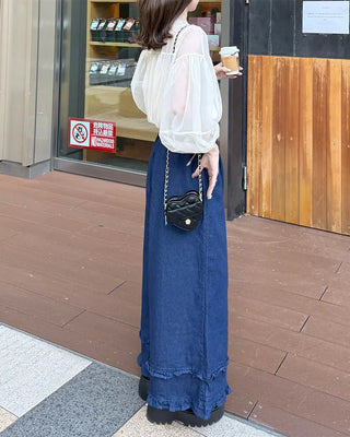 Frilled denim cotton wide-leg pants with elastic waistband