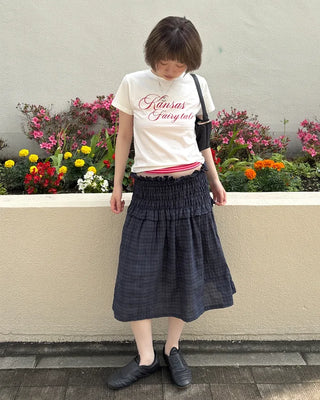 Waist-gathered check midi skirt