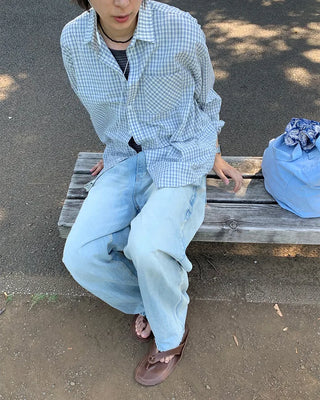Seersucker check long-sleeved shirt