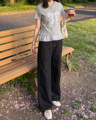 Checked ribbon frill short-sleeved T-shirt