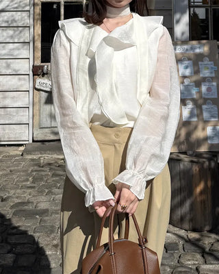 Strap V-neck shirred blouse