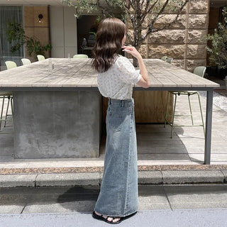 Front slit denim long skirt