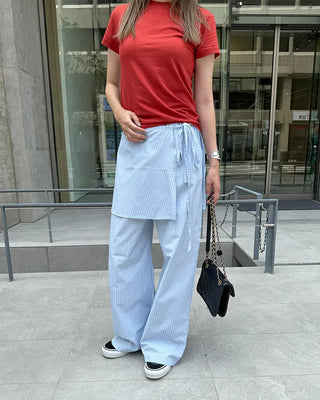 Striped layered wrap skirt set with banding pants