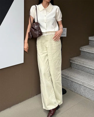 Pearl Button Short-Sleeve Colored Knit