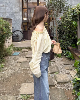 Shirred off-shoulder blouse with frill detail