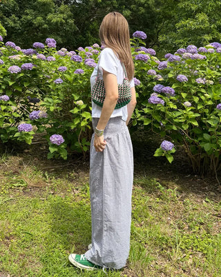 Shirred wide-waist gingham check pants