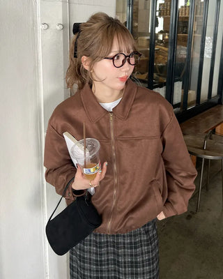 Elastic waistband colored suede jacket