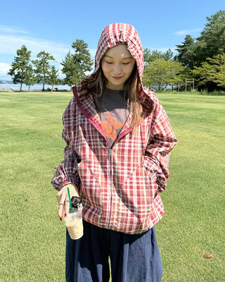 (Unisex) 2-Way Check Hooded Windbreaker