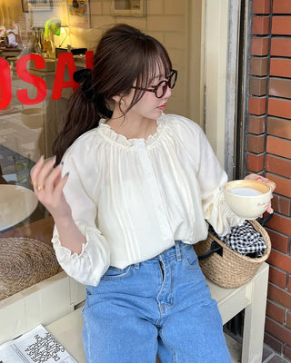 Frill neck ribbon strap blouse