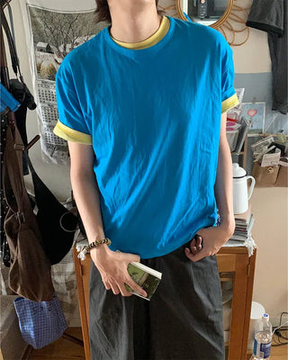(Unisex) Two-tone layered cropped short-sleeve T-shirt