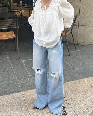 Shirred V-neck long blouse
