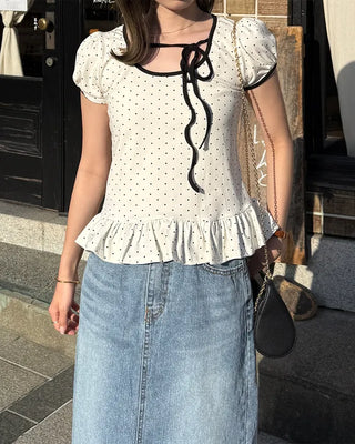 Dot neck string short-sleeved T-shirt