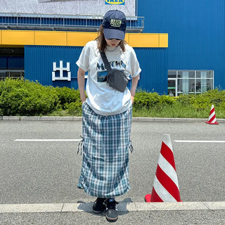 Checked ribbon strap long skirt