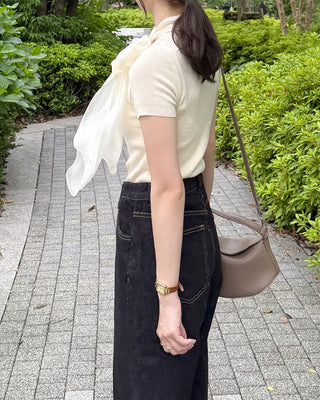 Satin ribbon short-sleeved blouse