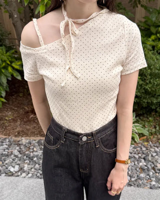 Dot Asymmetric Off-Shoulder Short-Sleeve T-Shirt