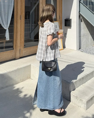 Front Ribbon Check Puff Sleeve Top