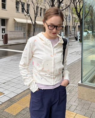 Sketch Pattern Rib Zip-Up Hoodie