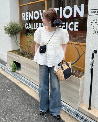 Oversized embossed shirred short-sleeved blouse