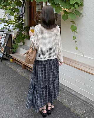 Checked banded long skirt