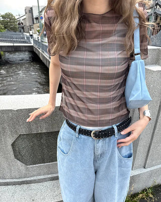 Checkered sheer short-sleeved T-shirt