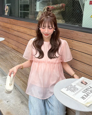 Organza ruffle balloon sleeve blouse