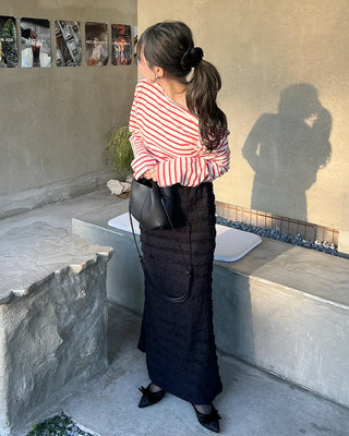 Border boat neck asymmetrical T-shirt