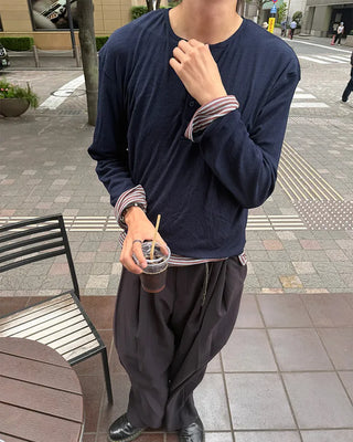 Henley neck summer long-sleeved knit