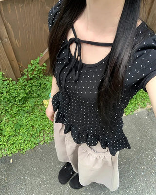 Two-tone polka dot frill puff sleeve T-shirt