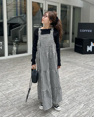 Checked belt long dress