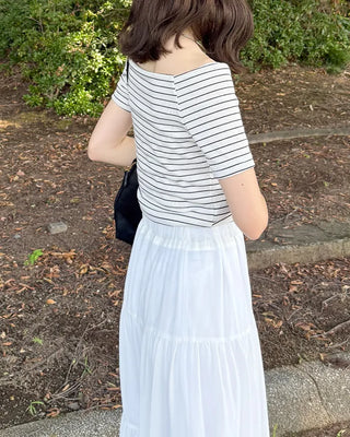 Striped short-sleeved off-shoulder T-shirt