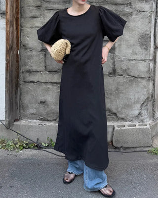 Balloon puff half-sleeve long dress