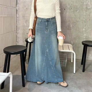 Flared long denim skirt
