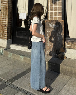 H-line elastic waist long denim skirt