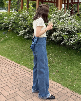 Back ribbon frill denim pants