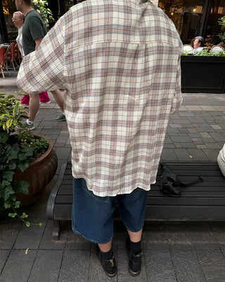 Oversized seersucker check long-sleeved shirt