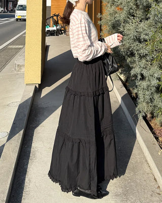 Lace tiered flared long skirt