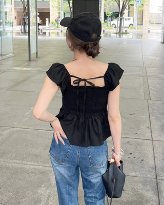 Frilled square neck shirred blouse