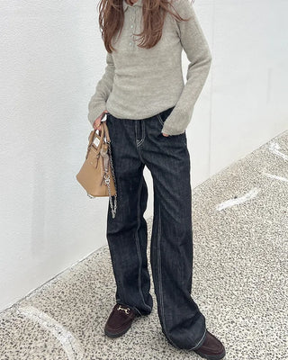Stitched black straight denim pants