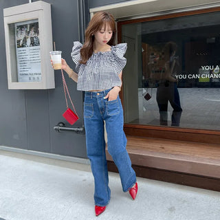 Gingham check frill blouse